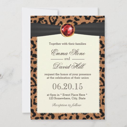 Invitation Mariage Empreinte de léopard Ruby Gemstone Black R (Devant)
