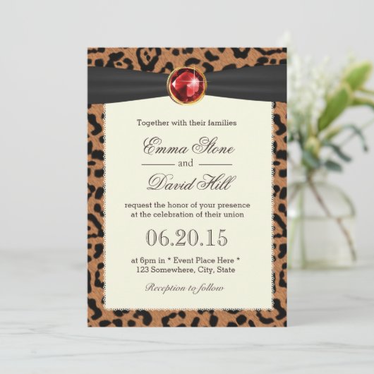 Invitation Mariage Empreinte de léopard Ruby Gemstone Black R (Debout devant)