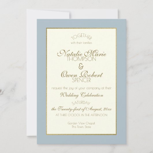 Invitation Mariage en acier bleu et or (Devant)