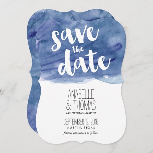 Invitation Mariage en Aquarelle Bleu foncé Enregistrer la dat (Devant / Derrière)