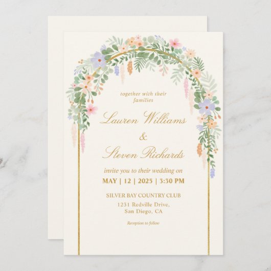 Invitation Mariage en arc fleuri Beige Vert Or (Devant / Derrière)