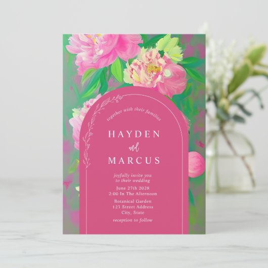 Invitation Mariage en arc rose de peinture végétale (Debout devant)