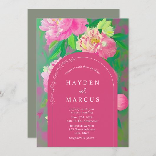Invitation Mariage en arc rose de peinture végétale (Devant / Derrière)