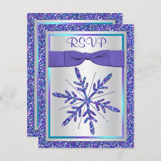 Invitation Mariage en argent avec ruban imprimé violet Aqua R (Devant / Derrière)