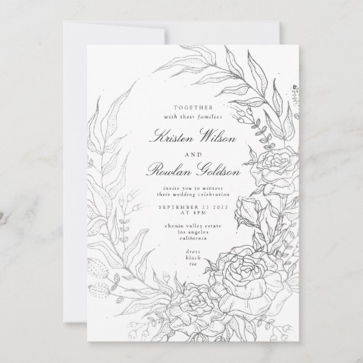 Invitation Mariage en argent noir blanc en couronne de fleurs (Devant)