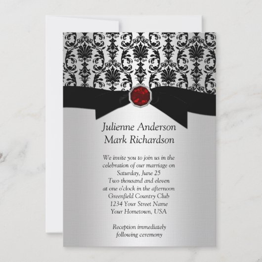 Invitation Mariage en argent noir Damask Ruby (Devant)