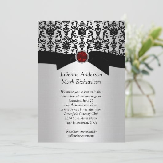 Invitation Mariage en argent noir Damask Ruby (Debout devant)