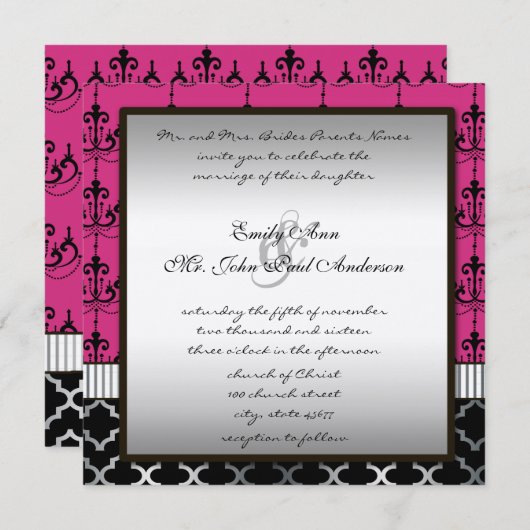 Invitation Mariage en argent rose et en lustre noir Inviter (Devant / Derrière)
