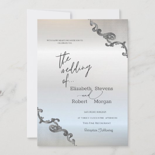 Invitation Mariage en argent vintage bordure dentelle (Devant)
