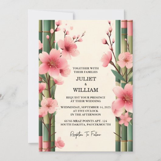 Invitation Mariage en bambou rose Sakura cerise en fleurs (Devant)