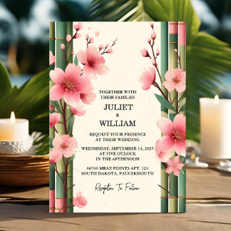 Invitation Mariage en bambou rose Sakura cerise en fleurs