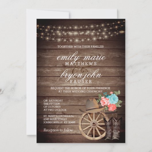 Invitation Mariage en baril de pays avec Floral Turquoise et  (Devant)