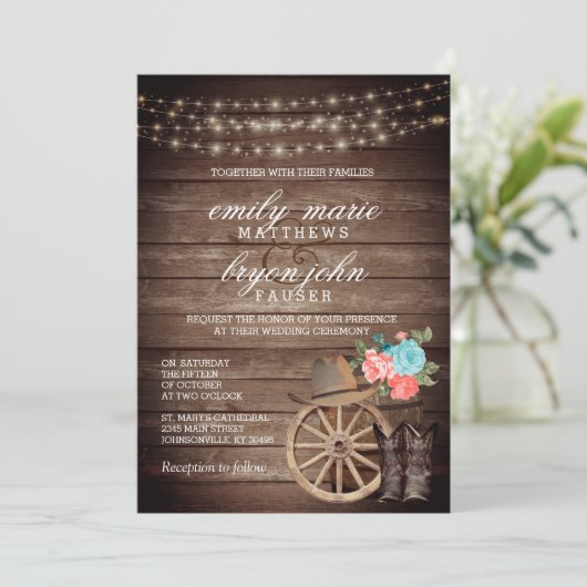 Invitation Mariage en baril de pays avec Floral Turquoise et  (Debout devant)