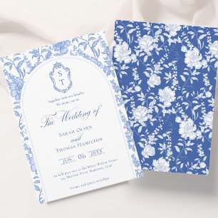 Invitation Mariage en bleu de Delft à motif floral et chinois