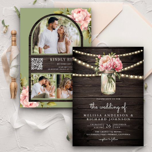 Invitation Mariage en bois avec code QR de jar Mason de pivoi