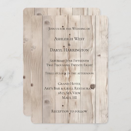 Invitation Mariage en bois blanc crème (Devant / Derrière)
