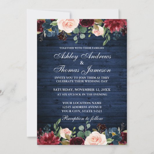 Invitation Mariage en bois bleu rustique Floral Bourgogne ble (Devant)