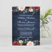 Invitation Mariage en bois bleu rustique Floral Bourgogne ble (Debout devant)