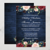 Invitation Mariage en bois bleu rustique Floral Bourgogne ble (Devant / Derrière)