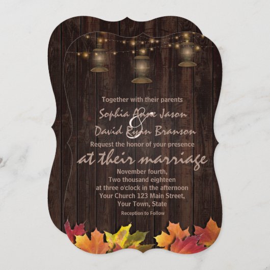 Invitation Mariage en Bois Campagne Feuilles d'Automne Vieux (Devant / Derrière)