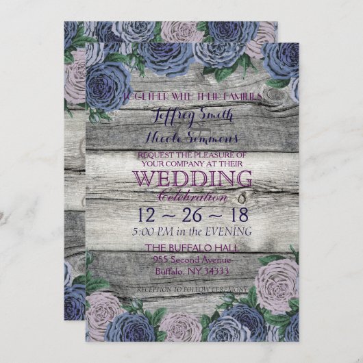 Invitation Mariage en bois de belle grange bleue rustique de (Devant / Derrière)