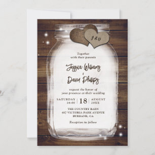 Invitation Mariage en bois de grange coeurs de toile de jute 