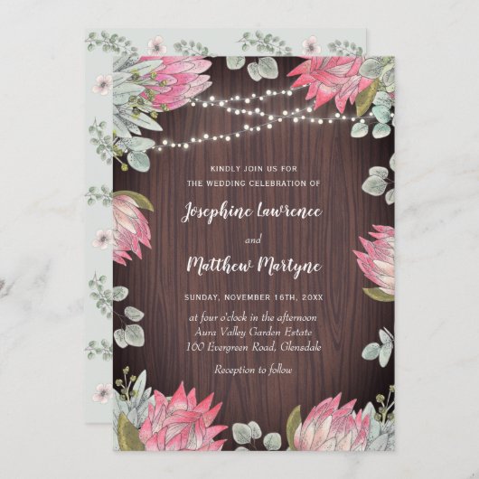 Invitation Mariage en bois de la florale de Protea (Devant / Derrière)