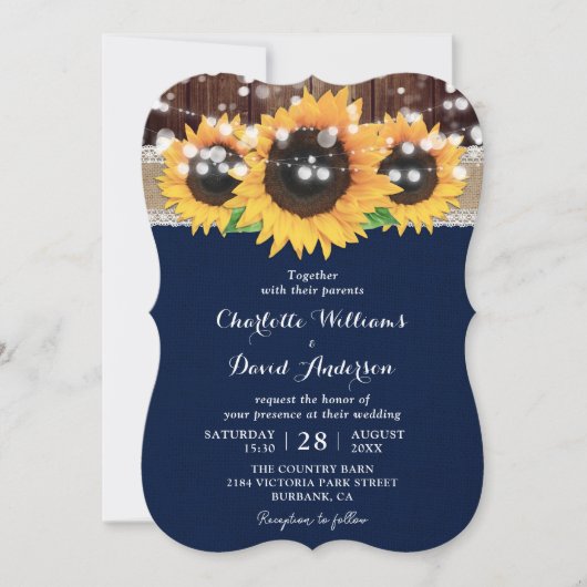 Invitation Mariage en bois de la Marine Bleu Tournesol Rustiq (Devant)