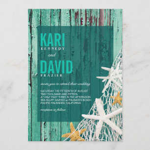 Invitation Mariage en bois de la plage Starfish Netting  aqua