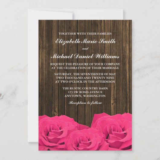 Invitation Mariage en bois de l'étable rose Roses (Devant)