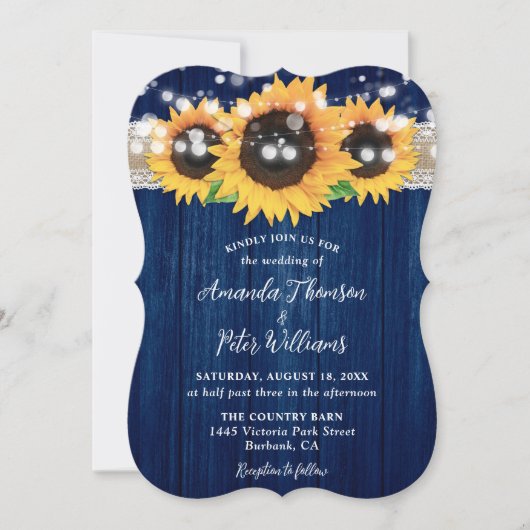 Invitation Mariage en bois de tournesol rustique bleu marine (Devant)