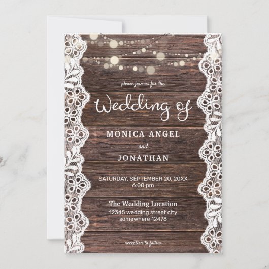 Invitation Mariage en Bois & Dentelle avec Guirlandes (Devant)