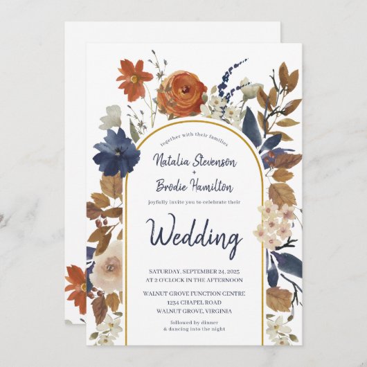 Invitation Mariage en bois floral bleu de la Marine (Devant / Derrière)