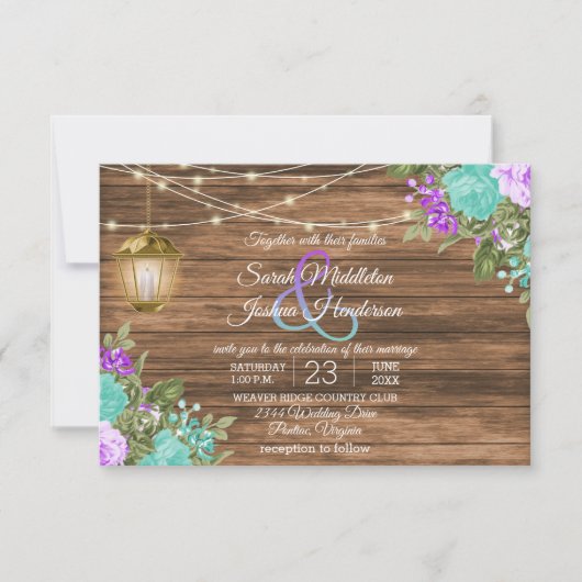 Invitation Mariage en bois, lanterne, Turquoise et violet (Devant)