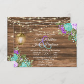 Invitation Mariage en bois, lanterne, Turquoise et violet (Devant / Derrière)