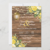 Invitation Mariage en bois, lanternes et fleurs jaunes (Devant)