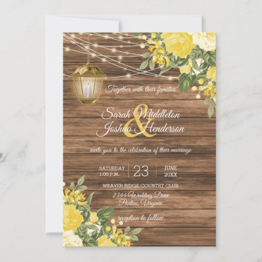 Invitation Mariage en bois, lanternes et fleurs jaunes (Devant)