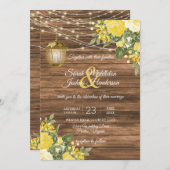 Invitation Mariage en bois, lanternes et fleurs jaunes (Devant / Derrière)