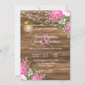 Invitation Mariage en bois, lanternes et fleurs roses (Devant)