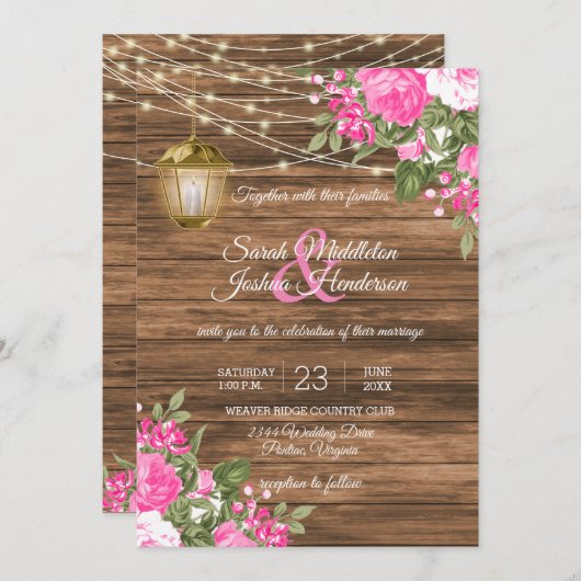 Invitation Mariage en bois, lanternes et fleurs roses (Devant / Derrière)