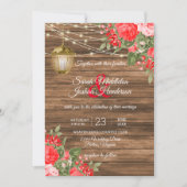 Invitation Mariage en bois, lanternes et fleurs rouges (Devant)
