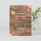 Invitation Mariage en bois, lanternes et fleurs rouges (Debout devant)