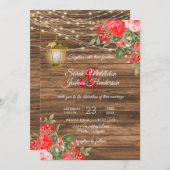 Invitation Mariage en bois, lanternes et fleurs rouges (Devant / Derrière)