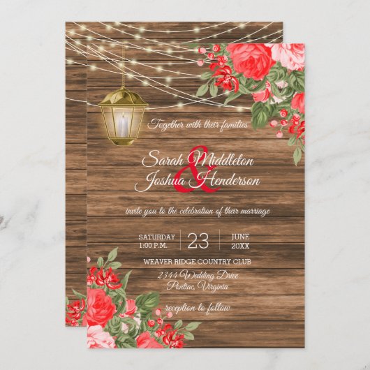 Invitation Mariage en bois, lanternes et fleurs rouges (Devant / Derrière)