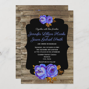 Invitation mariage en bois marron rustique à fleurs bleues