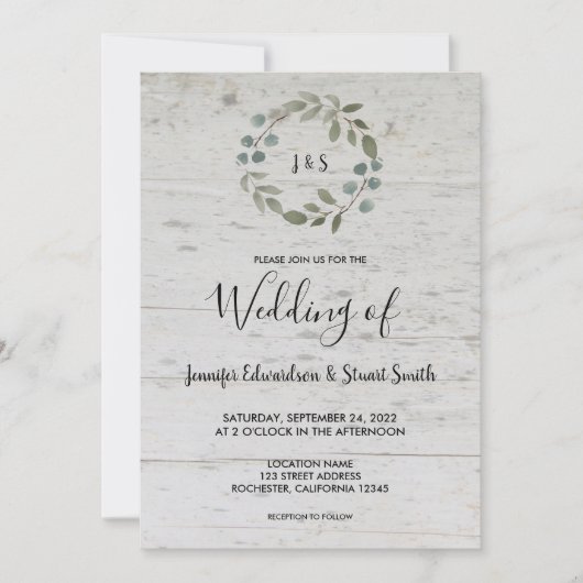 Invitation Mariage en bois monogramme feuille rustique aquare (Devant)