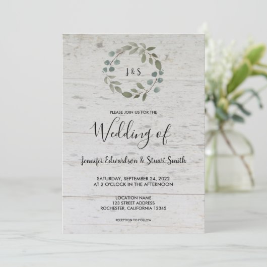 Invitation Mariage en bois monogramme feuille rustique aquare (Debout devant)