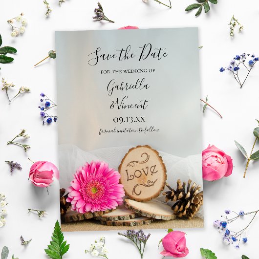 Invitation Mariage en bois rose rustique Sauvez la date