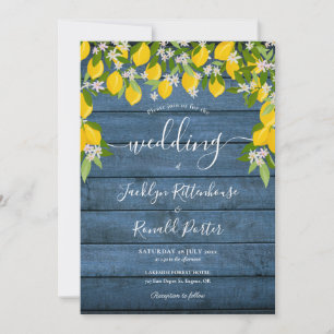 Invitation Mariage en Bois Rustique Bleu avec Citrons