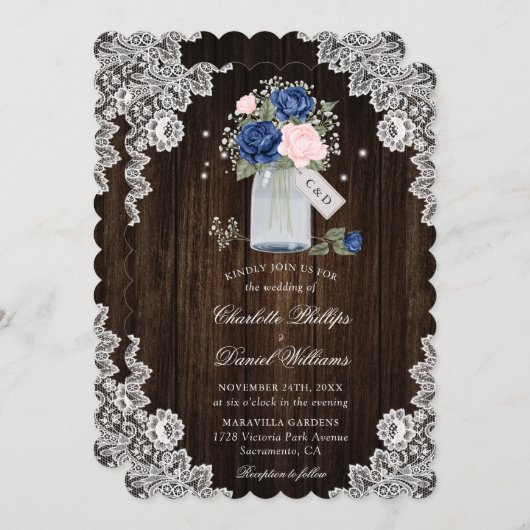 Invitation Mariage en bois rustique bleu bleu marine (Devant / Derrière)